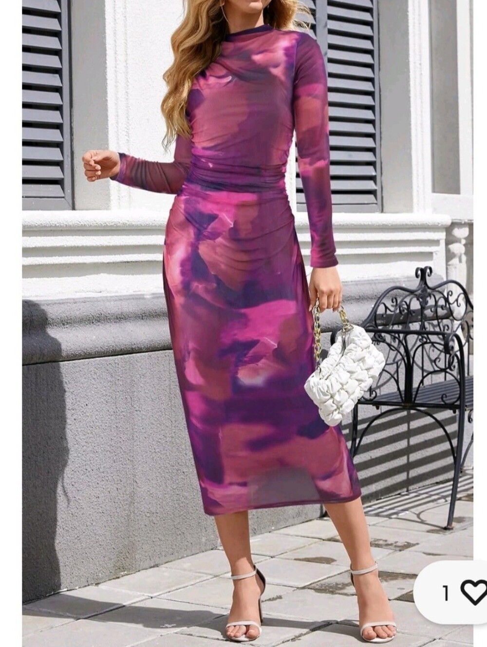 Draped Long-Sleeve Maxi Dress in Purple and Pink Tie-Dye